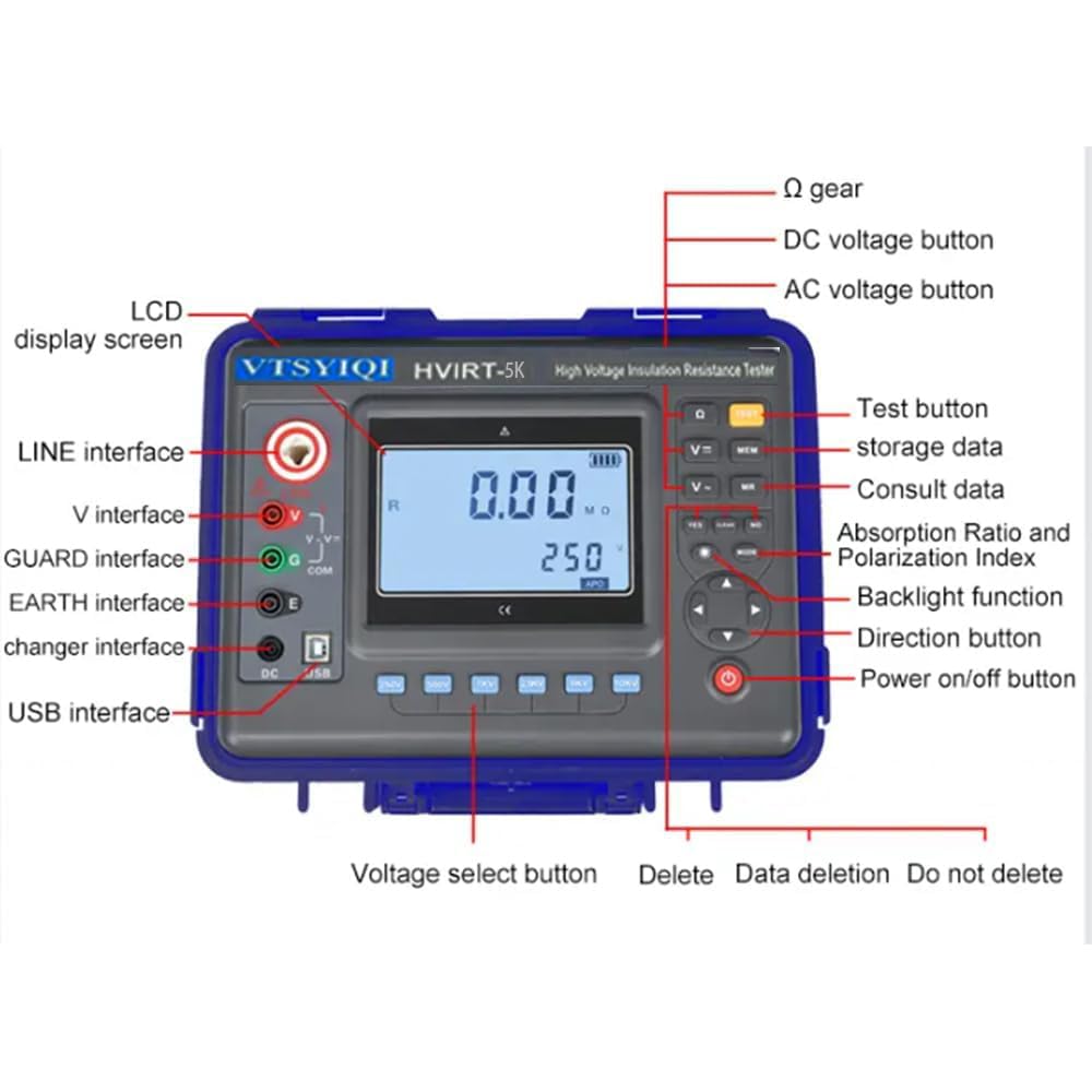 High Voltage Insulation Resistance Tester 5Kv Digital Insulation Resistance Tester Meter with Rated Voltage 100V-5000V Insulation Resistance Range 0.01MΩ-2000GΩ USB Interface