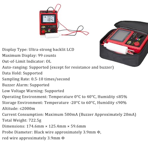 Insulation Resistance Tester with LCD Display, Paint Conductivity Measurement, Maximum 99 Counts, Sampling Rate 0.5-10/sec for Industrial and Electrical Testing