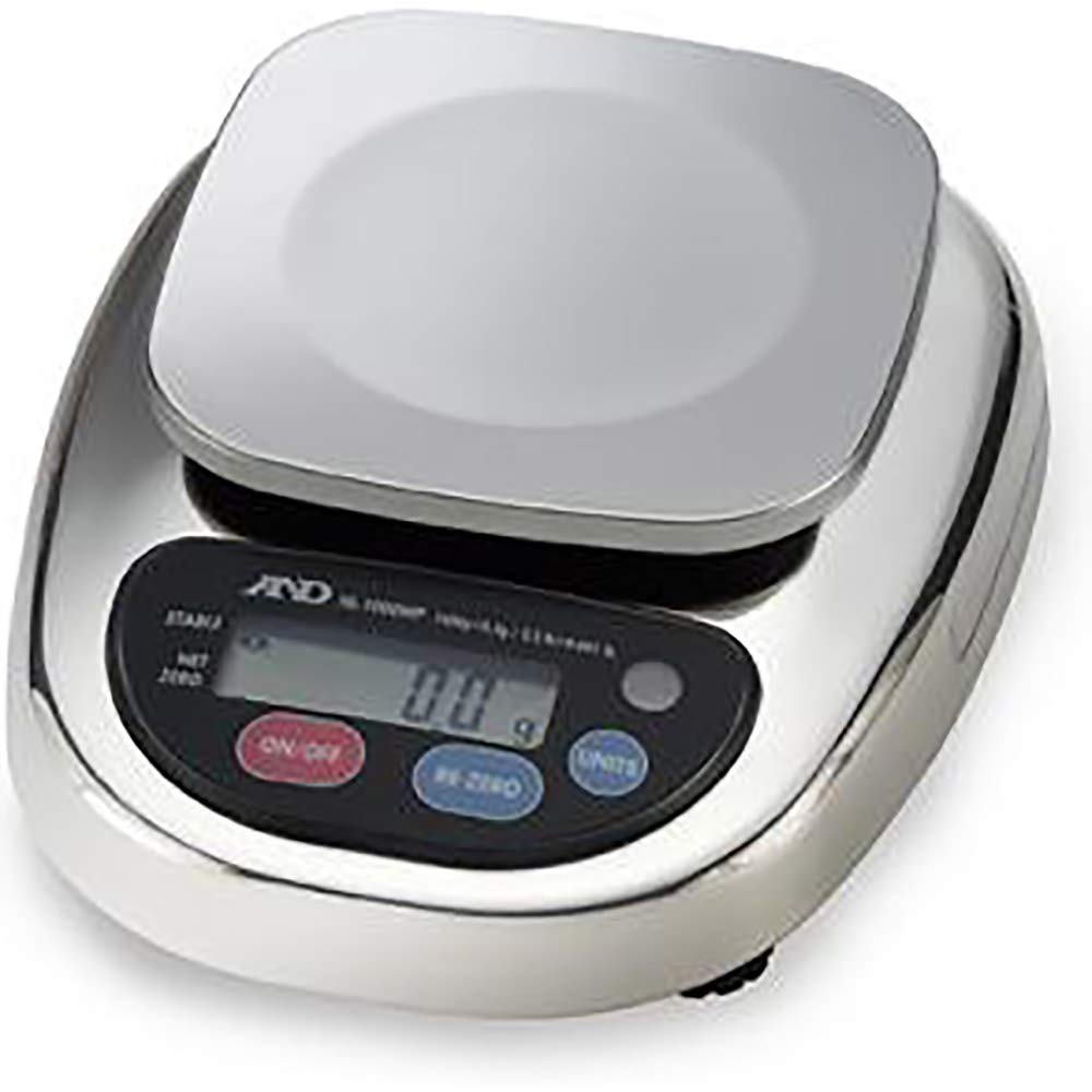 A&D ENGINEERING HL-3000WPN HL-WP Full Wash-Down Scales, 3000 g Capacity, 1 g Readability, 1 g Linearity, 5" x 5" Pan Size, 0.5", 7 Segment LCD, 6 4/5" Width x 2 1/2" Height x 8 2/3" Diameter, 2 lb. Weight, Stainless Steel