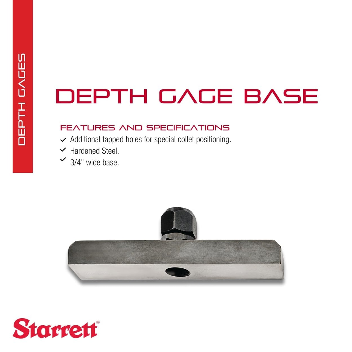 Starrett Depth Gage Base with Stem Collet, 4" Long, 3/4" Wide Base
