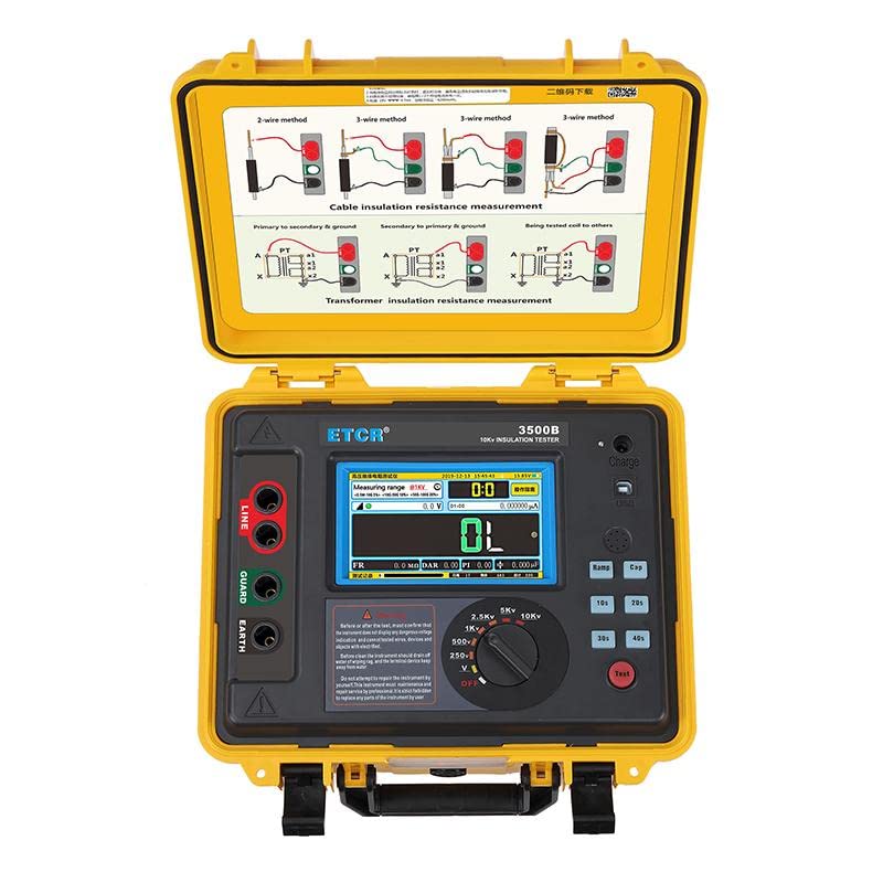 10KV High Voltage Insulation Resistance Tester Rated Voltage 250V, 500V, 1000V, 2500V, 5000V, 10KV 0.5MΩ-5TΩ Voltage Range AC/DC 0V-1000V ET3500B