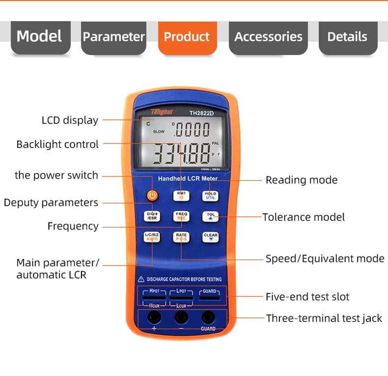Tonghui TH2822D Handheld LCR Meter Accuracy 0.1% Inductance Resistance Capacitor Tester, 100Hz, 120Hz, 1kHz, 10kHz Testing Frequency, with DCR Function