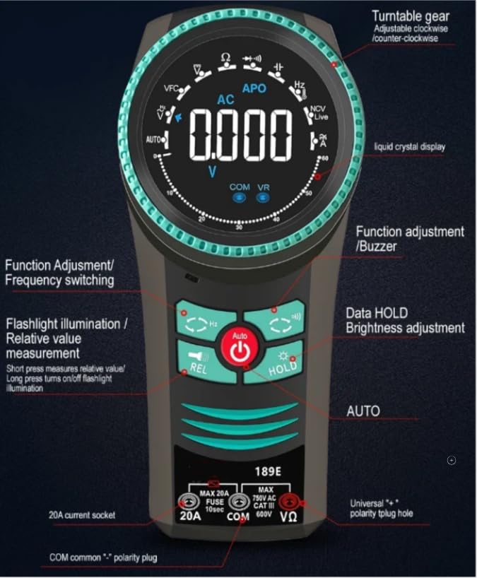 189C Portable RotaryDial Digital Multimeter VoltageCurrent Tester NCVDiode CapacitanceResistance Meter