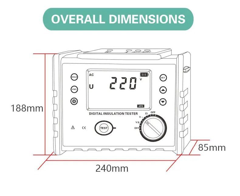Handheld Insulation Resistance Tester Meter Megohmmeter with Insulation Resistance 0.01MΩ-200GΩ Resolution 0.01MΩ Rated Voltage 100V 250V 500V 1000V 2500V 500 Groups Data Storage