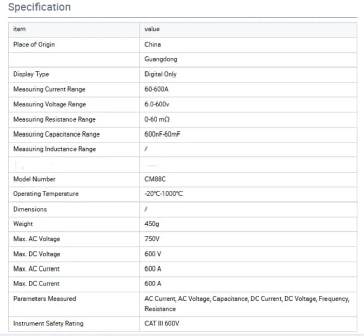 CM88C DigitalClampMeter 600AACDC CurrentTester TrueRMS AutoRange ResistanceDiodeMultimeter Tester