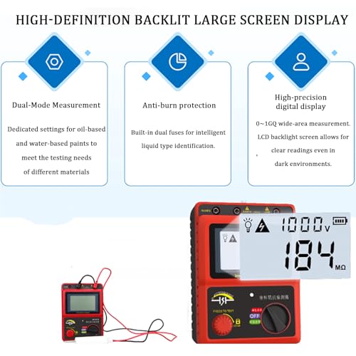 Insulation Resistance Tester with LCD Display, Paint Conductivity Measurement, Maximum 99 Counts, Sampling Rate 0.5-10/sec for Industrial and Electrical Testing