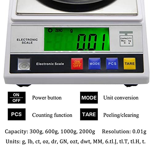 Digital Scale Jewelry Gold Precision Analytical Balance with Windshield Industrial Scientific Kitchen Calibration Weight,Size_name-300g/0.01g