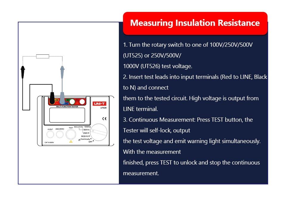 UNI-T Digital Electrical Meter Insulation Resistance Tester AC DC Voltmeter UT526 RCD Test/Low Resistance Continuity Measure(UT526)