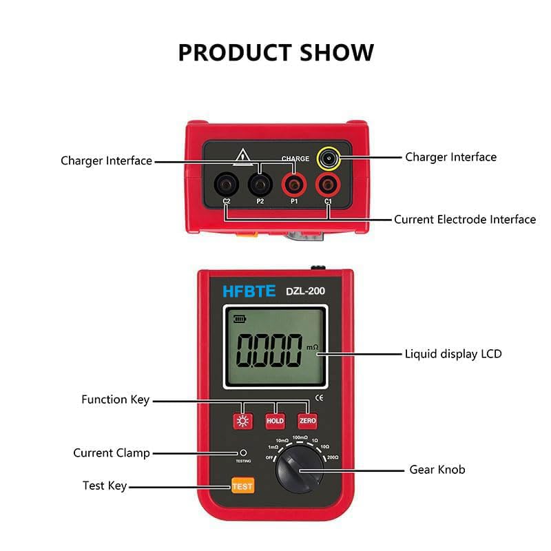 Portable Micro-Ohmmeter Micro Ohm Tester DC Low Resistance Meter 1uΩ~200Ω Test Current Max 5A Data Storage for Testing Cables' Wire Resistance Switches,Connectors and Relays' Contact Resistance