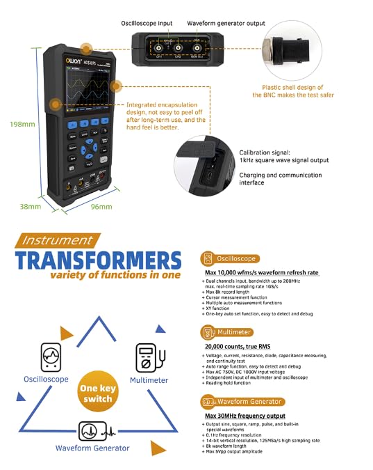OWON HDS320S 3.5" LCD Display oscilloscope+multimeter+Generator 3 in 1 200MHz 1GSa/s 4 1/2 Digits Max 30MHz Handeld Digital Oscilloscope