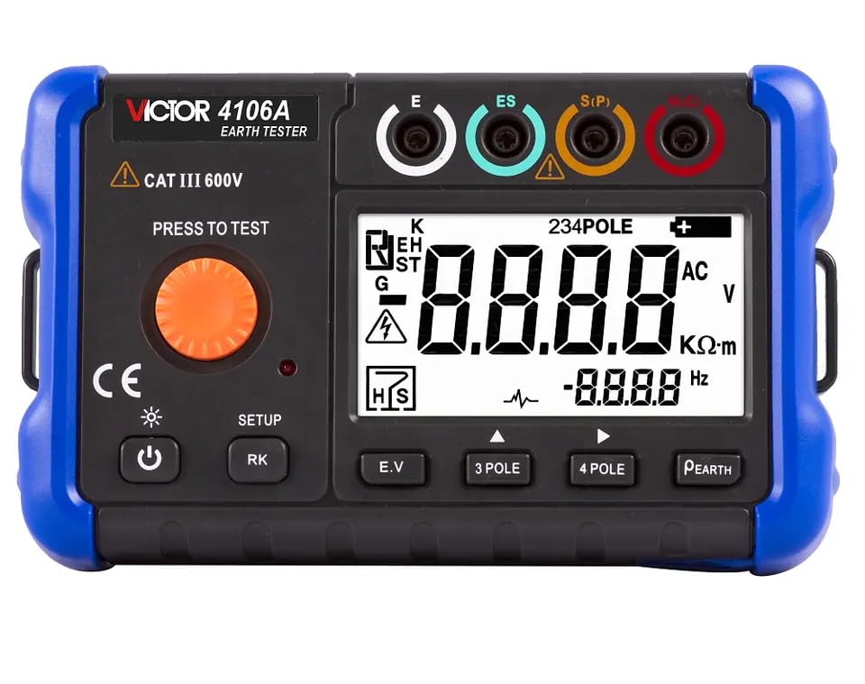 Victor/RuoShui 4106A Digital Ground Earth Resistance Meter 20/200/2000Ω, Earth Resistance Measurement, Soil Resistivity, True RMS AC Voltage Measure Backlight LCD Display (Victor 4106A)
