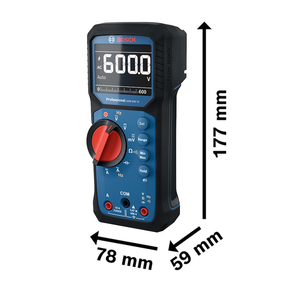 Bosch Professional Digital Multimeter GDM 600-15 (True RMS, Inverted LCD, Measures Frequency/Continuity/Resistance/capacitance, Min/Max/Average, Test Leads MS 90)