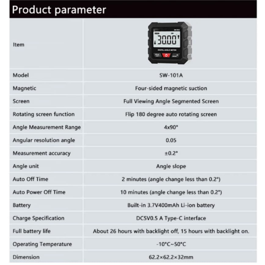 SW-101A Inclinometer Digital 4-Sided Magnetic 4x90° Angle Slope Measurement Precision Inclinometer