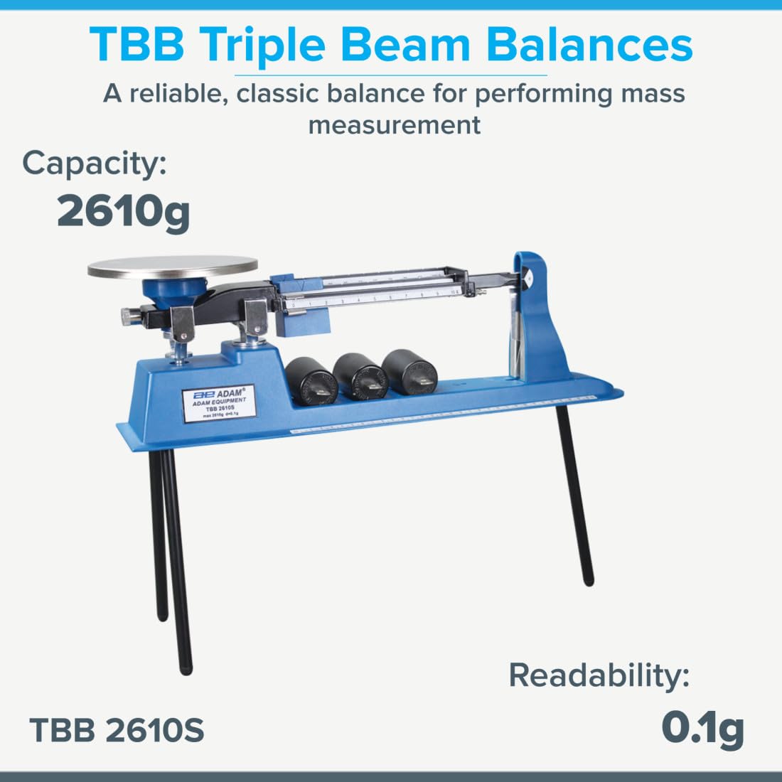 Adam Equipment TBB 2610S Triple Beam Mechanical Balance, 2610g Capacity, 0.1g Readability