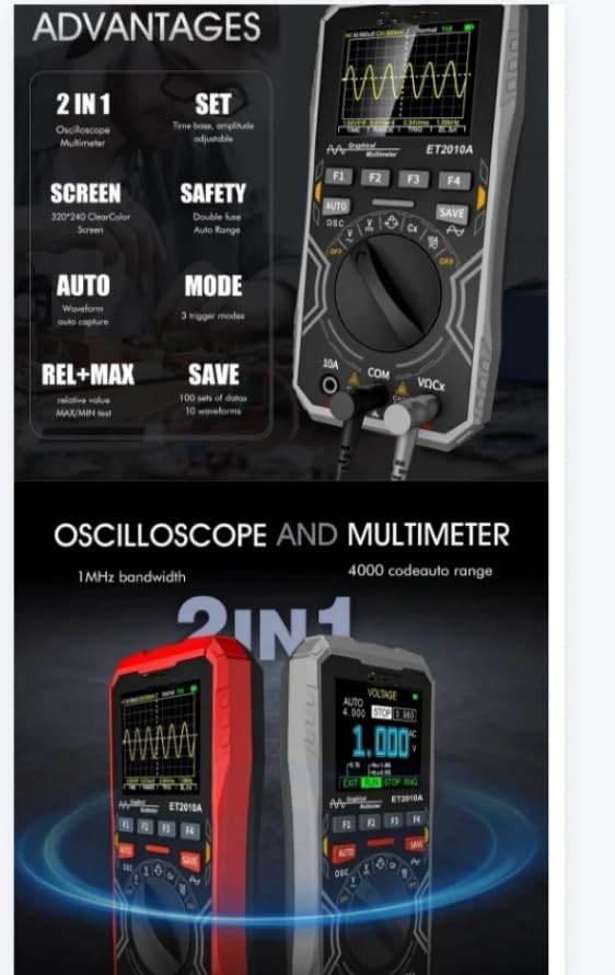 ET2010A 2 in 1 DigitalOscilloscope Multimeter 1MHz2.5MSps Laboratory OscilloscopeElectrical RepairOscilloscope