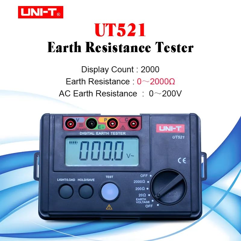 UNI-T UT521 UT522 Digital Earth Tester Ground Resistance AC Earth Insulation Resistance Tester Light Weight Design Ground Resistance Tester Ground Resistance Voltmeter(UT521)