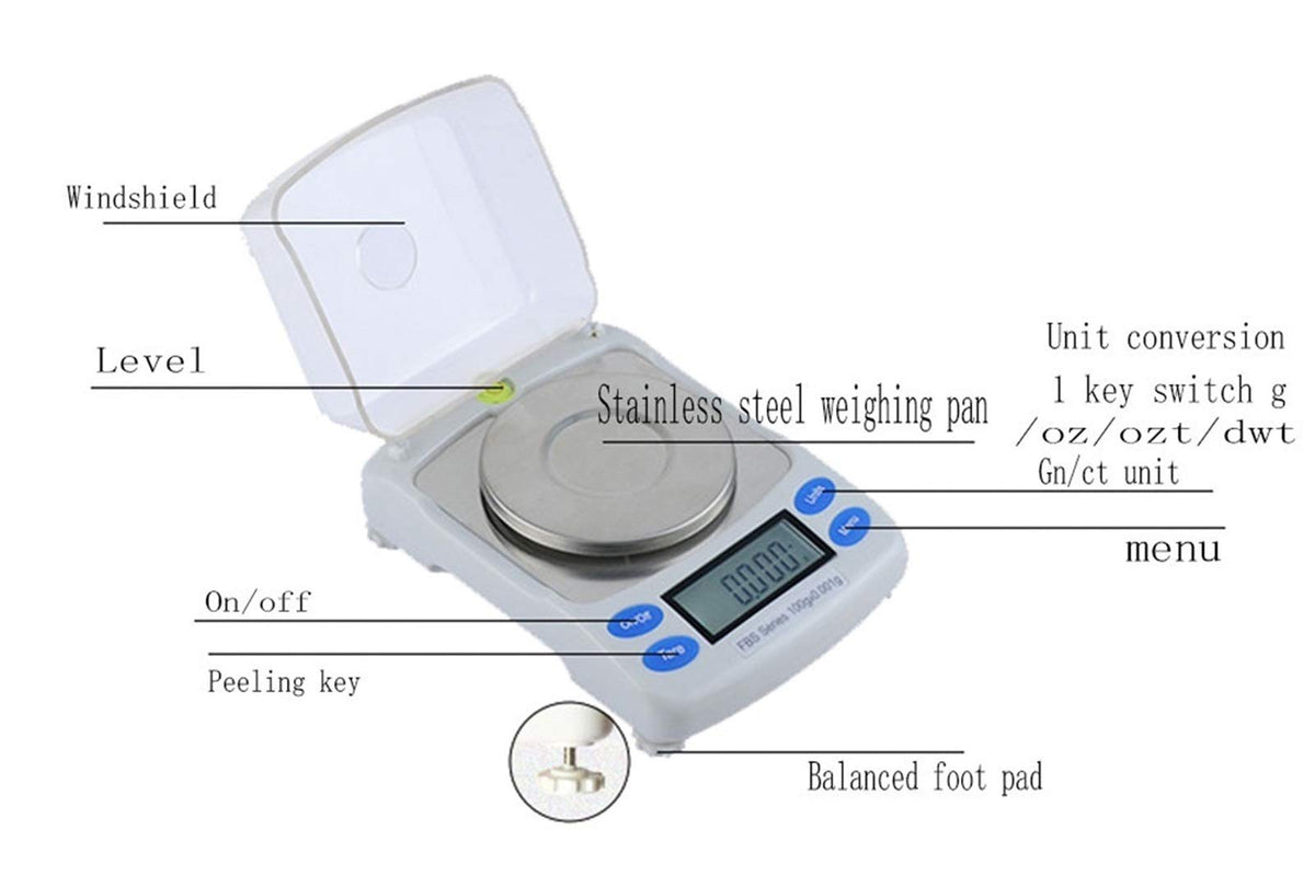 Digital Pocket Scale, Precision Mini Food Scales Potable Smart Jewelry Balance with Windshield LCD Backlit Tare Function Stainless Steel,White-100g/0.001g