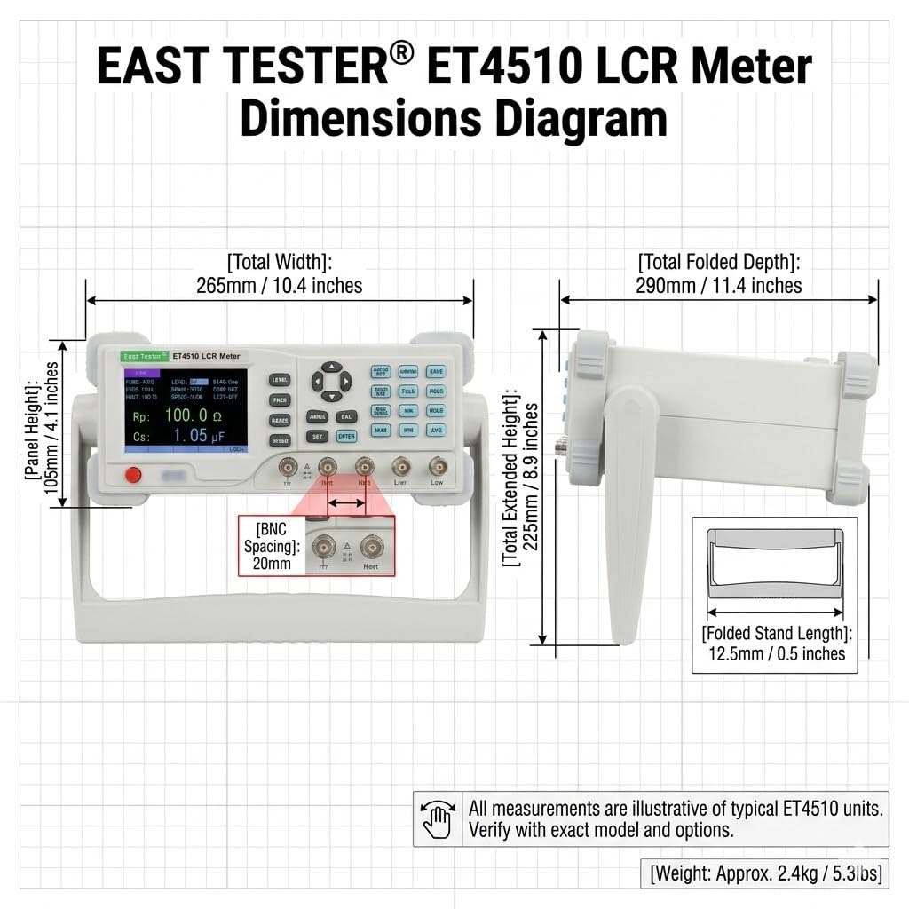 10Hz~100KHz,Frequency can be Adjust LCR Meter, 0.2% Accuracy, DCR & Electrolytic Cap Mode, SCPI, Data Logging, Open/Short, TFT, USB，ET4510,Gray
