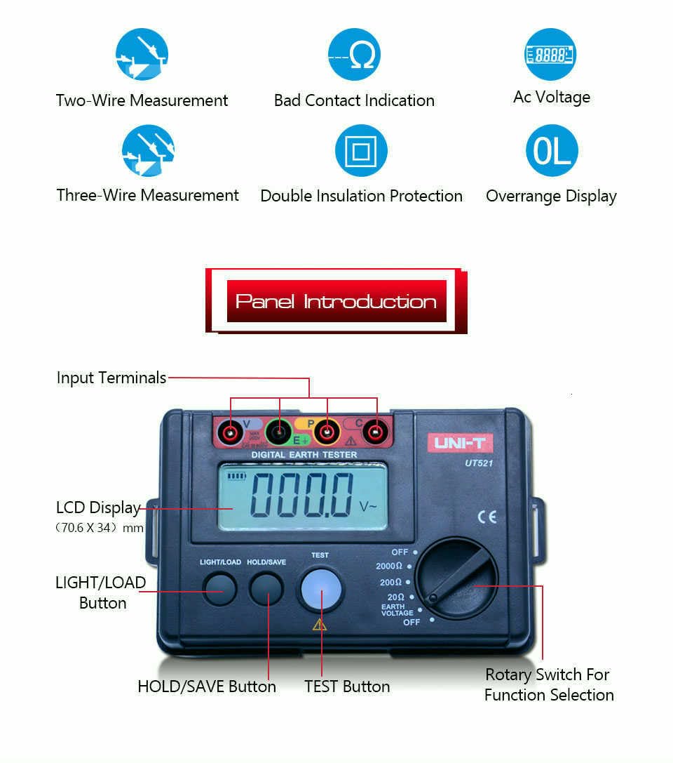UNI-T UT521 UT522 Digital Earth Tester Ground Resistance AC Earth Insulation Resistance Tester Light Weight Design Ground Resistance Tester Ground Resistance Voltmeter(UT522)