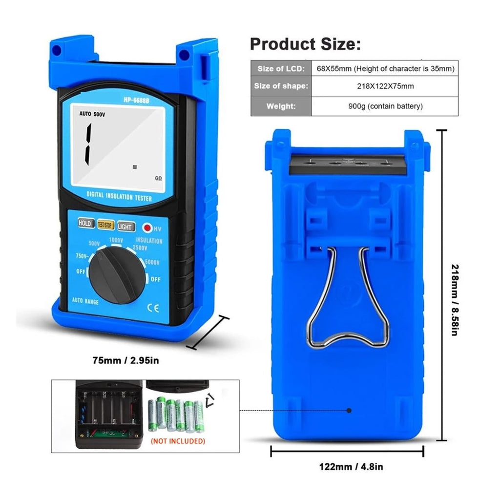 Resistance Tester, 6688B Digital Insulation Resistance Tester Professional Voltage Measure Instrument Auto Range Portable Tester