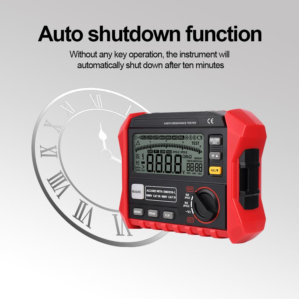 Insulation Resistance Multi Tester, Electrical Megger Insulation Resistance Tester, with Data Storage, Large Screen Backlit Display, Auto Shutdown Function, for Testing Industry