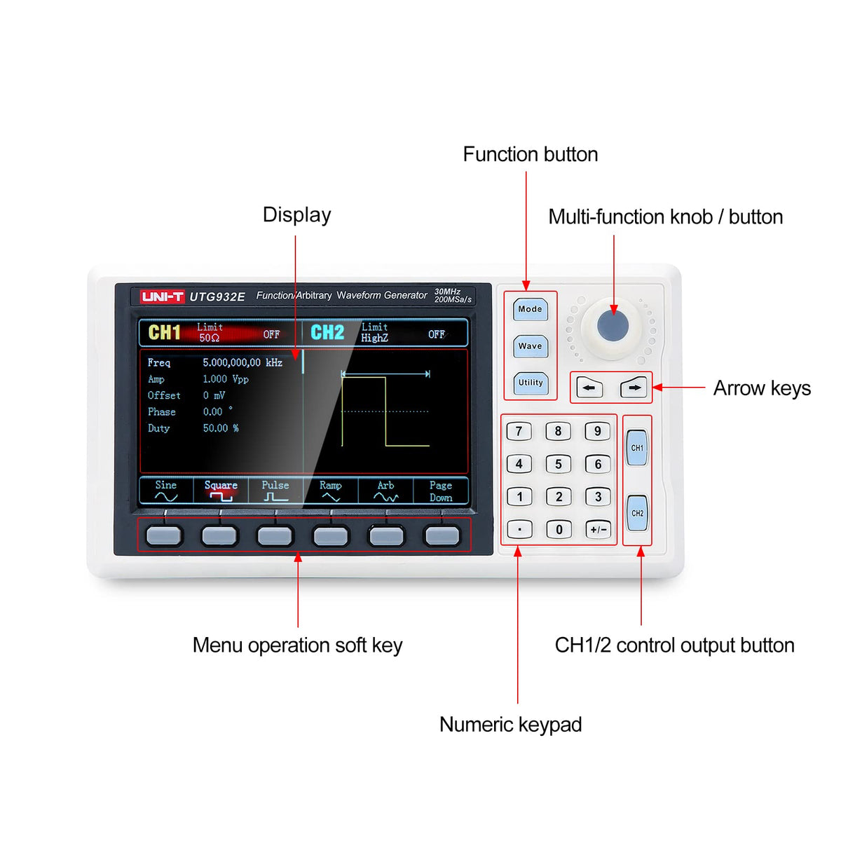 UNI-T UTG932E Function Generator Arbitrary Waveform 30 MHz Dual-Channel 200MSa/s 14 Bits Frequency Meter with USA Power Adapter USB Cable Power Cord, Shipping from US