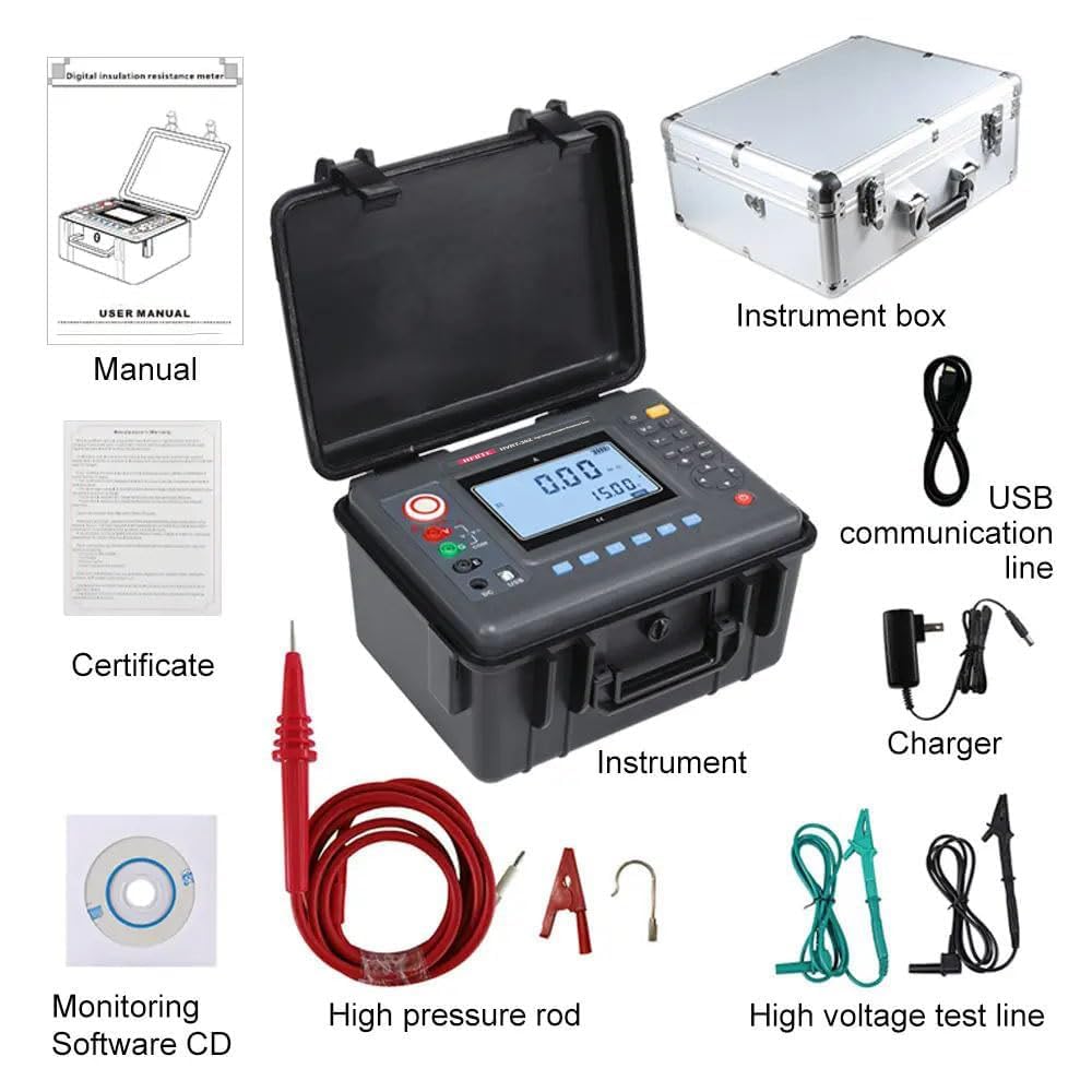High Voltage Insulation Resistance Meter Tester Megohmmeter with Rated Voltage 100V 250V 500V 1000V 2500V 5000V Insulation Resistance Range 0.01MΩ-10TΩ Resolution 0.01MΩ DC Current 0.1nA-6mA