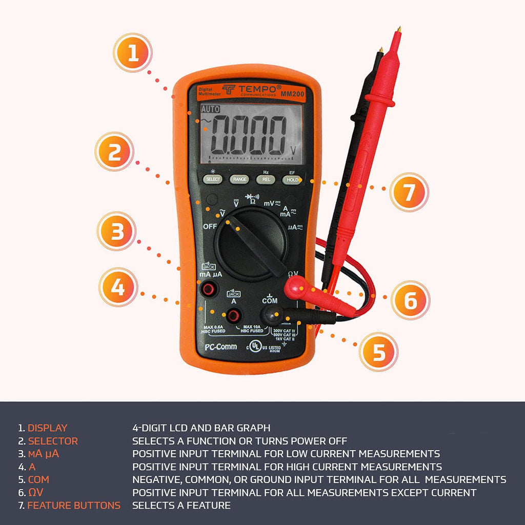 TEMPO Communications MM200 Digital Multimeter, Multi Meter AC/DC Voltage, Current, Frequency, Resistance, Check Diodes, Verify Continuity