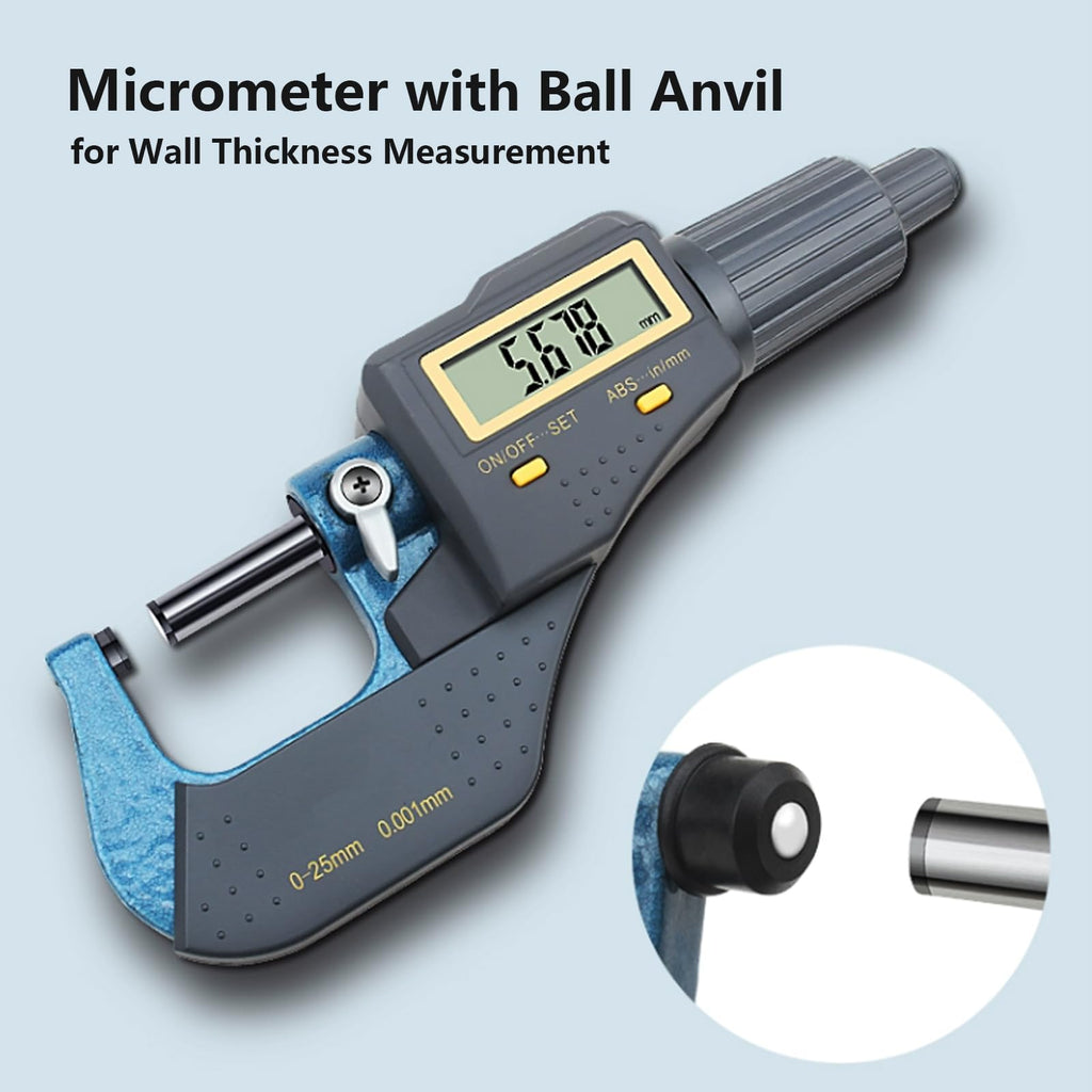 0-1" Digital Micrometer with Ball Anvil & Stand, 0.00005" Resolution