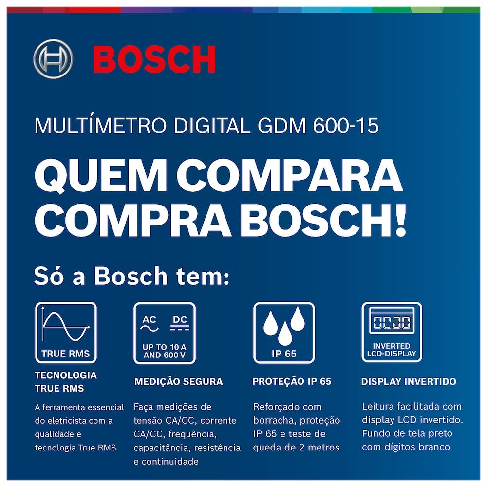 Bosch Professional Digital Multimeter GDM 600-15 (True RMS, Inverted LCD, Measures Frequency/Continuity/Resistance/capacitance, Min/Max/Average, Test Leads MS 90)