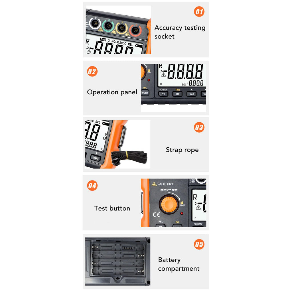 VC4105A Ground Resistance Meter LCD Backlit Earth Resistance Tester with 5 Test Cables for Electricians Engineers Technicians