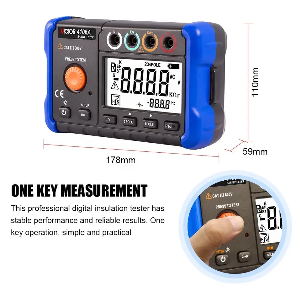 Victor/RuoShui 4106A Digital Ground Earth Resistance Meter 20/200/2000Ω, Earth Resistance Measurement, Soil Resistivity, True RMS AC Voltage Measure Backlight LCD Display (Victor 4106A)