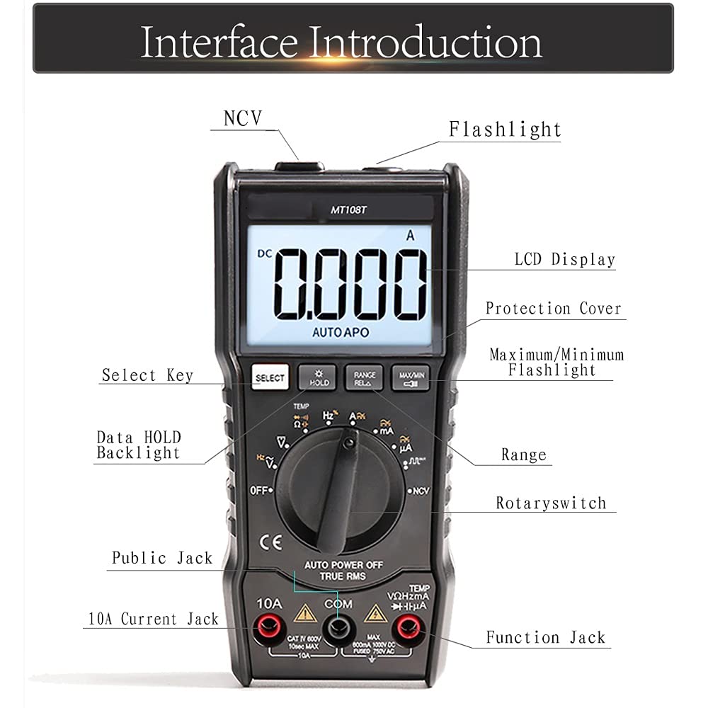 MT108T Square Output True RMS NCV Temperature Tester Digital Multimeter 6000 Counts Backlight