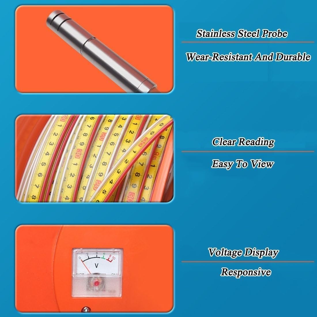 Water Level Meter with Probe and Steel Tape for Groundwater Depth Measurement, Peak Display and Indicator Light for Accurate Readings
