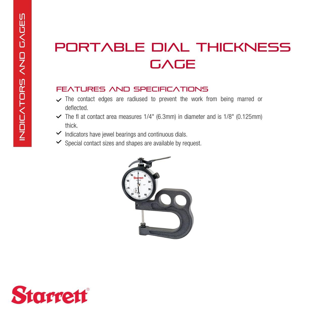 Starrett Portable Dial Thickness Gage, 1" Range, .001" Graduation