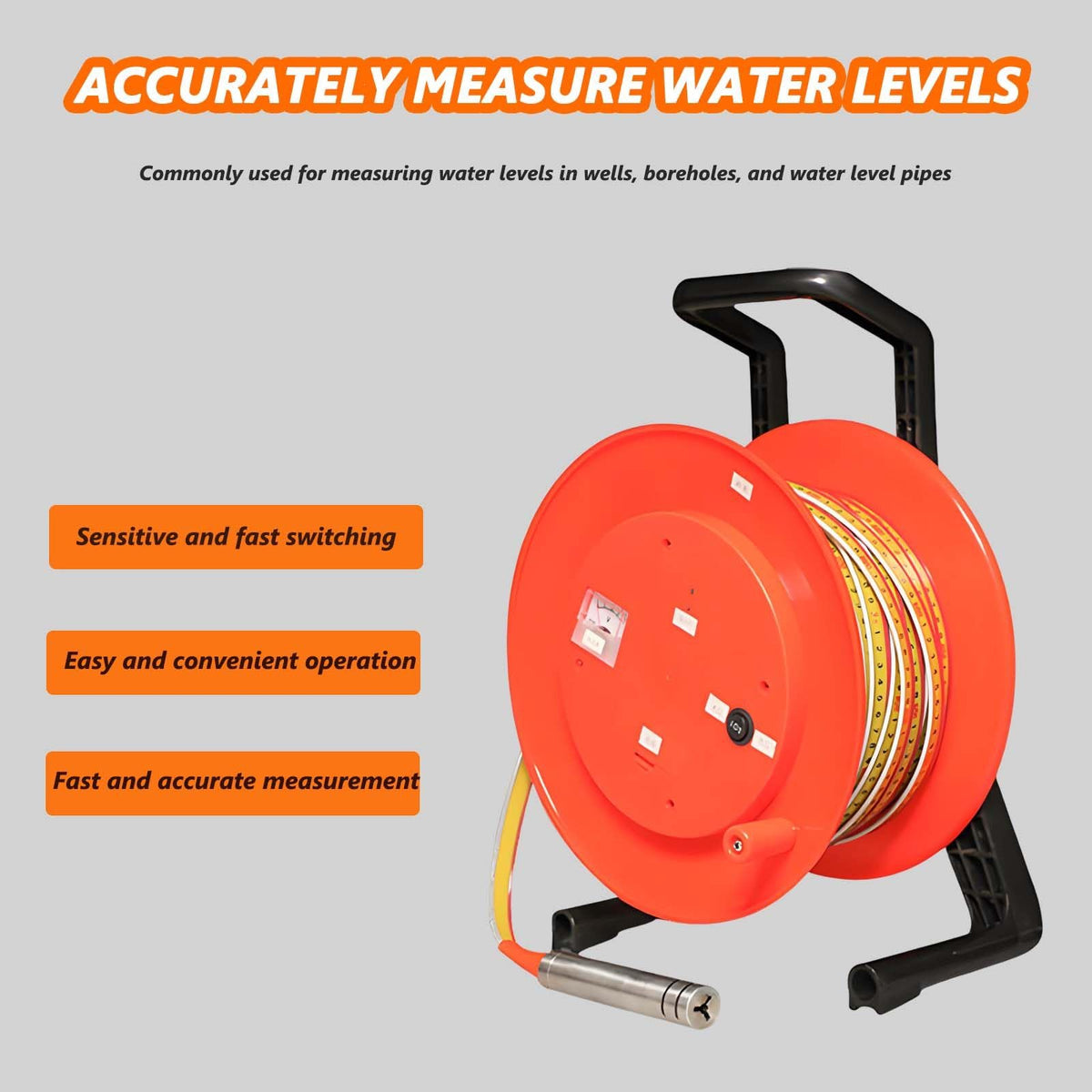 10-300m Portable Deep Well Water Level Meter - Stainless Steel Probe for Borehole Measurement, Water Well Repair, with Indicator Light & Peak Display (98.4ft)