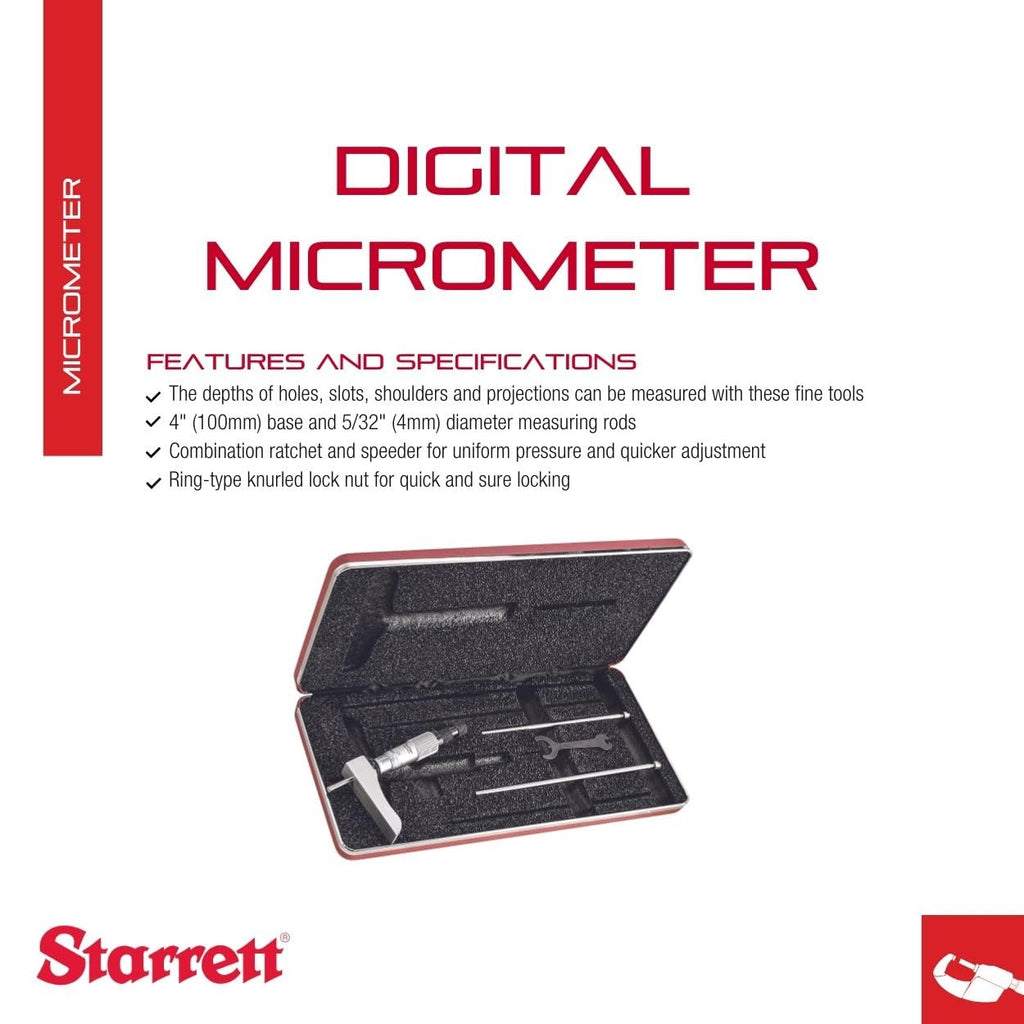 Starrett Micrometer Depth Gage with Half Base, 0-3" Range