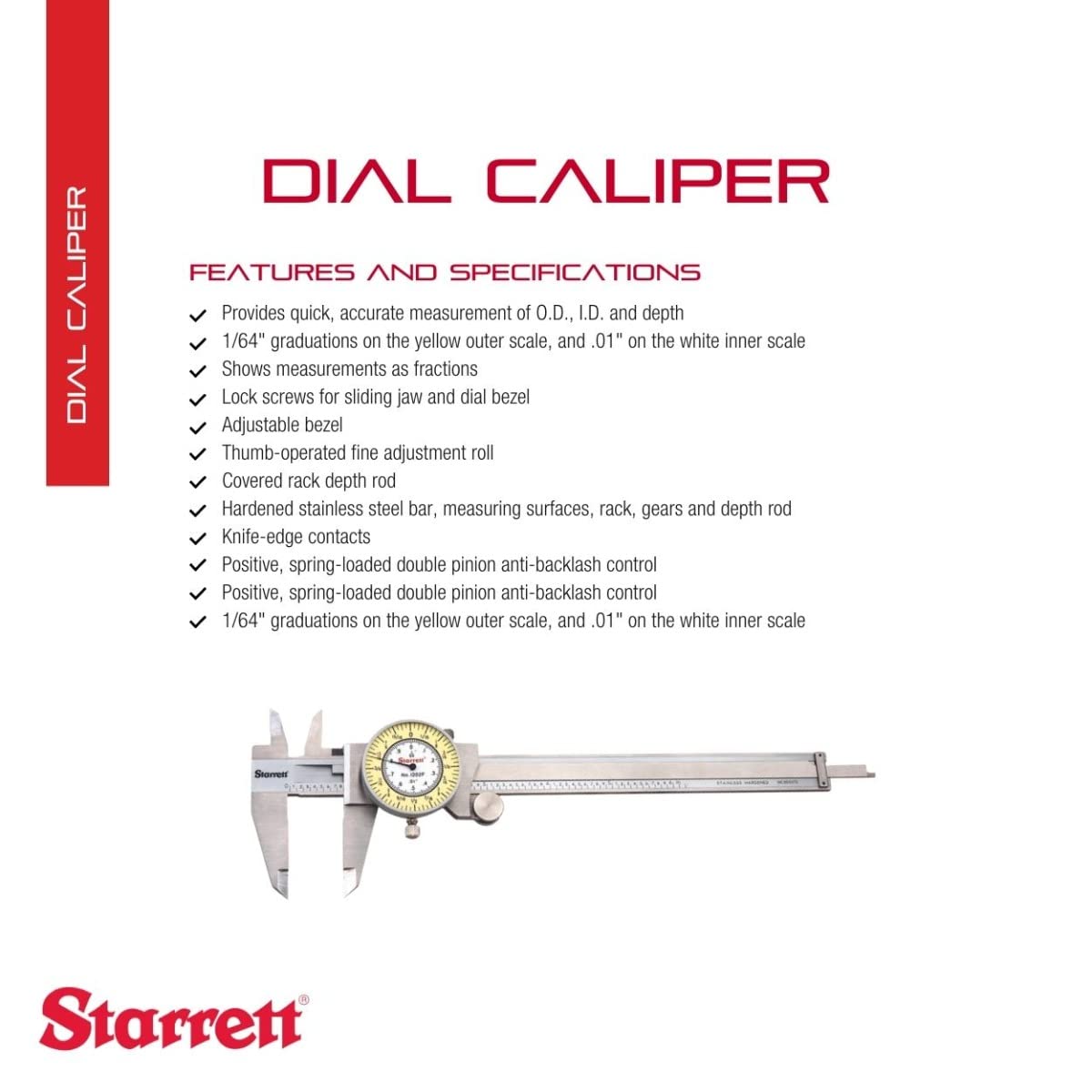 Starrett 120 Series Fractional Dial Caliper, 0-6" Range, .010" Graduation