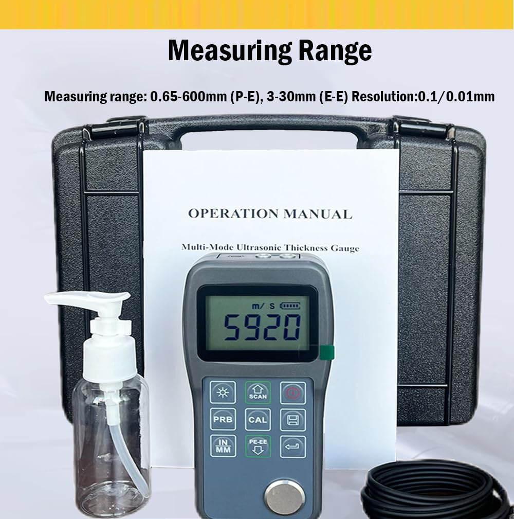 Ultrasonic Thickness Gauge Meter Through Paint Coatings Thickness Gauges with 0.65 to 600mm 0.025 to 23.62inch 3-30mm 0.118 to 1.181inch P-E and E-E Echo-Echo Mode for Steel Aluminum Copper
