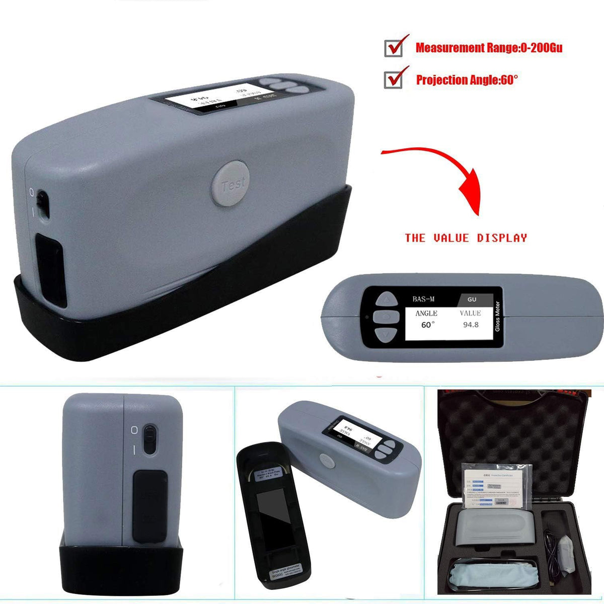60 Degree Gloss Meter Glossmeter 0-200Gu for Coating Ink Paint Ceramic Marble