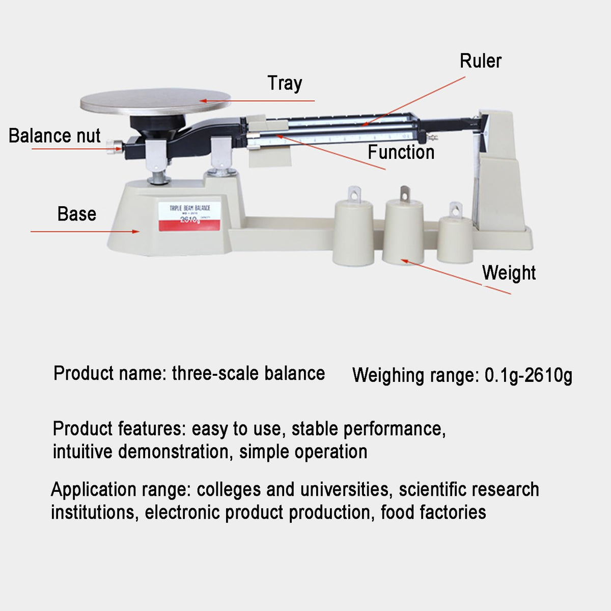 Triple Beam Mechanical Balance Scale, 0.1g-2610g Lab Analytical Weight Set with 3 Weights, Accuracy 0.1g, No Need Battery, for Electronics, Scientific Research, Food