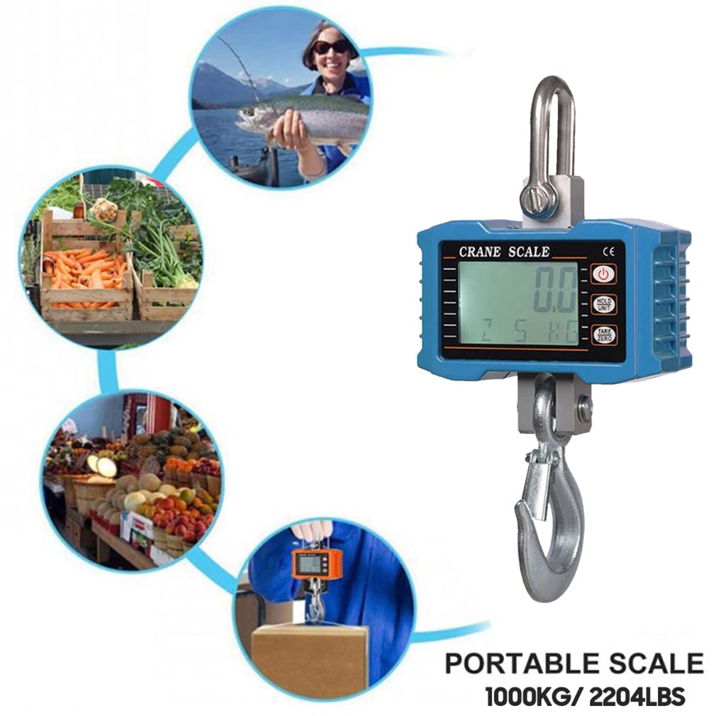 WANGLIN Digital Hanging Scale 1000kg/ 2204lbs Heavy Duty Crane Scale LCD Backlight Industrial Hook Scales Weight Balance Tool, Portable Electronic Weighing Crane Scale,