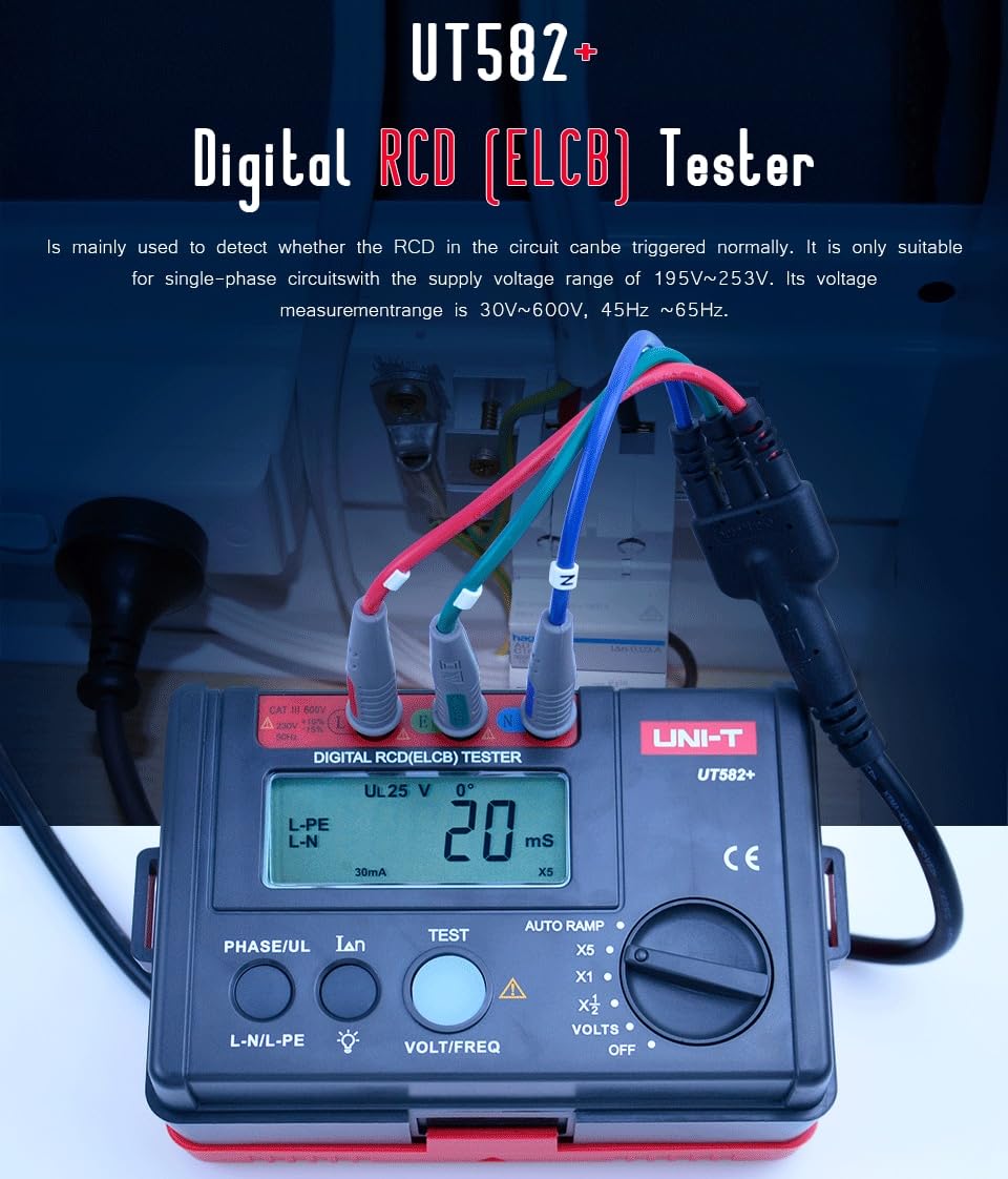 UNI-T UT582+ Digital RCD (ELCB) Tester AUTO RAMP Leakage Circuit Breaker Meter with Mis-Operation Buzzer