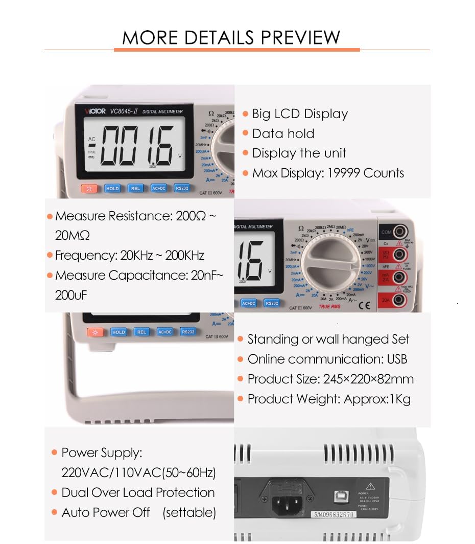 VC8045-II High Accuracy Digital Multimeter Resolution 10V Big LCD Display(Victor VC8045-II)