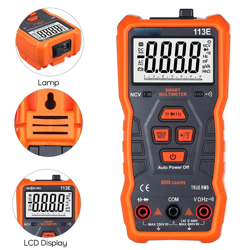 RM113E NCV Digital Multimeter 6000 Counts Auto Ranging AC/DC Voltage Temperature Measuring Meter with Large Screen