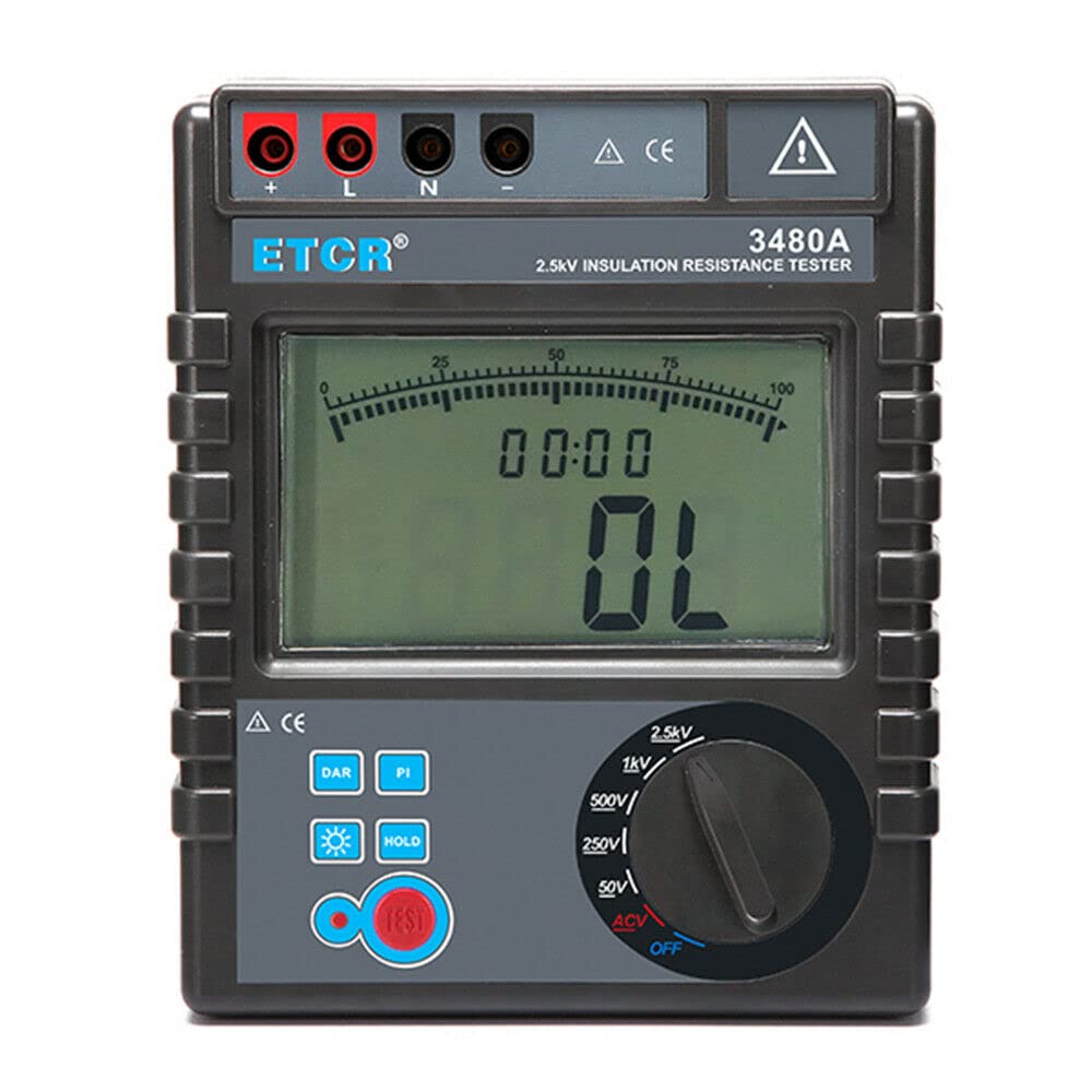 Insulation Resistance Gauge Tester Megohm Meter Word Count AC Voltage Measurement with Measuring Range 0.1MΩ to 200GΩ AC/DC for Transformers Motors Cables Electrical Equipment