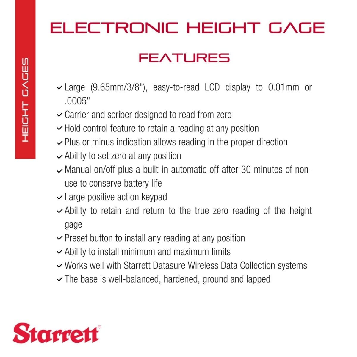 Starrett Electronic Digital Height Gage, 0-12" Range, .0005" Resolution