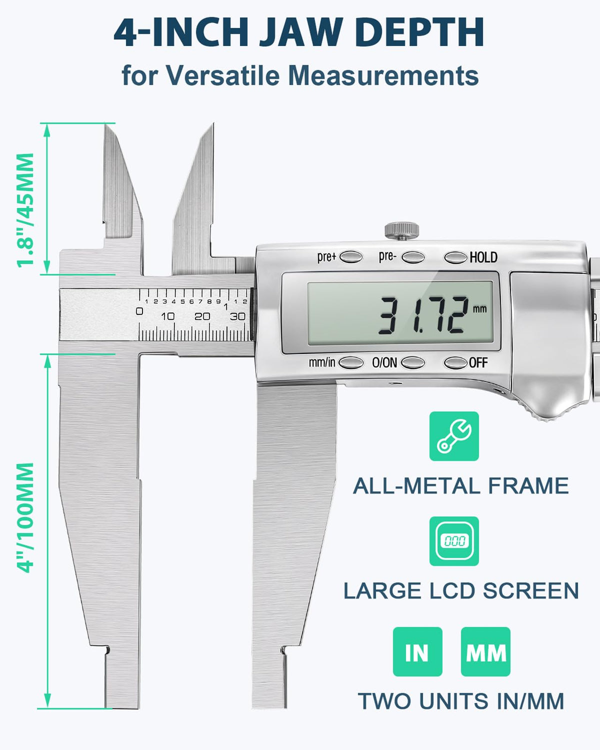 12 Inch Digital Caliper with 4 Inch Jaw, Full Metal Frame