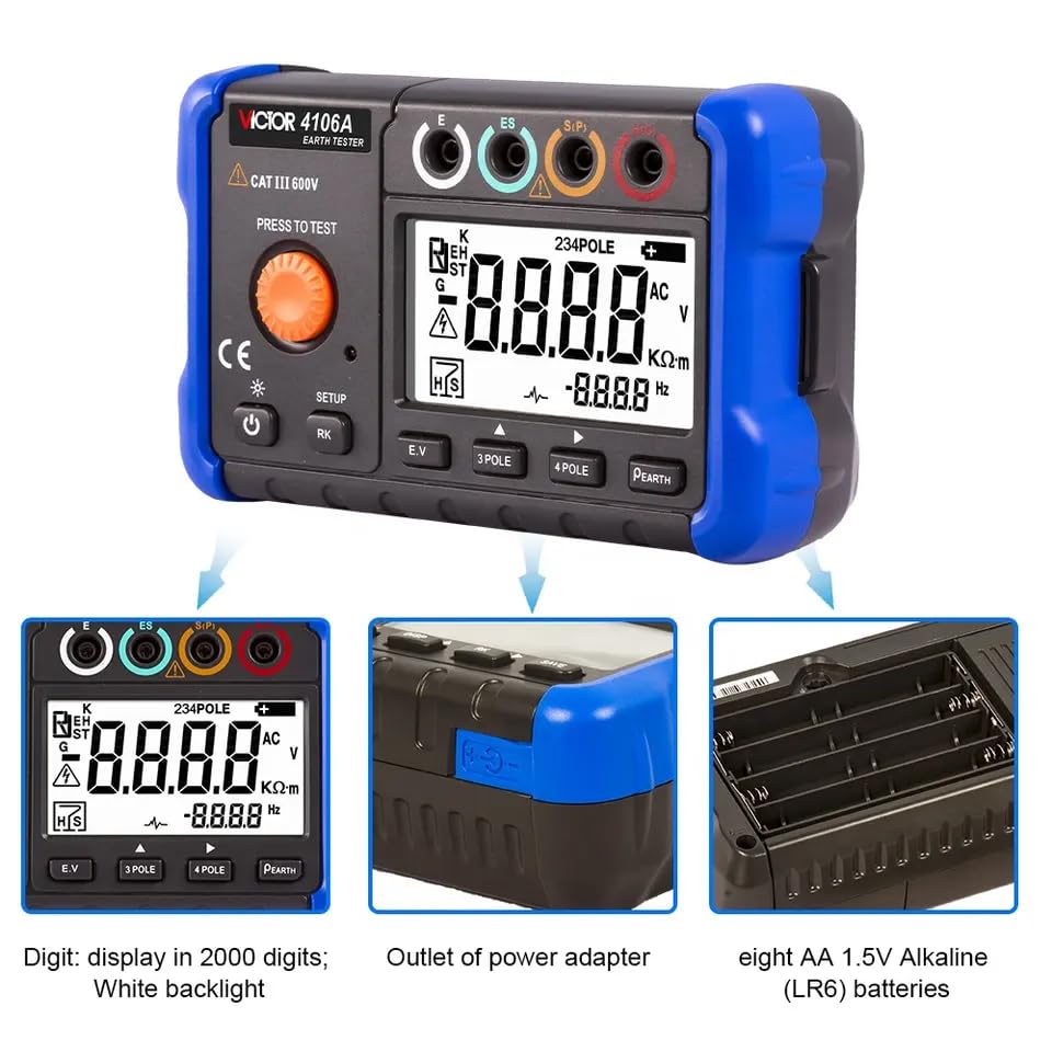 Victor/RuoShui 4106A Digital Ground Earth Resistance Meter 20/200/2000Ω, Earth Resistance Measurement, Soil Resistivity, True RMS AC Voltage Measure Backlight LCD Display (Victor 4106A)