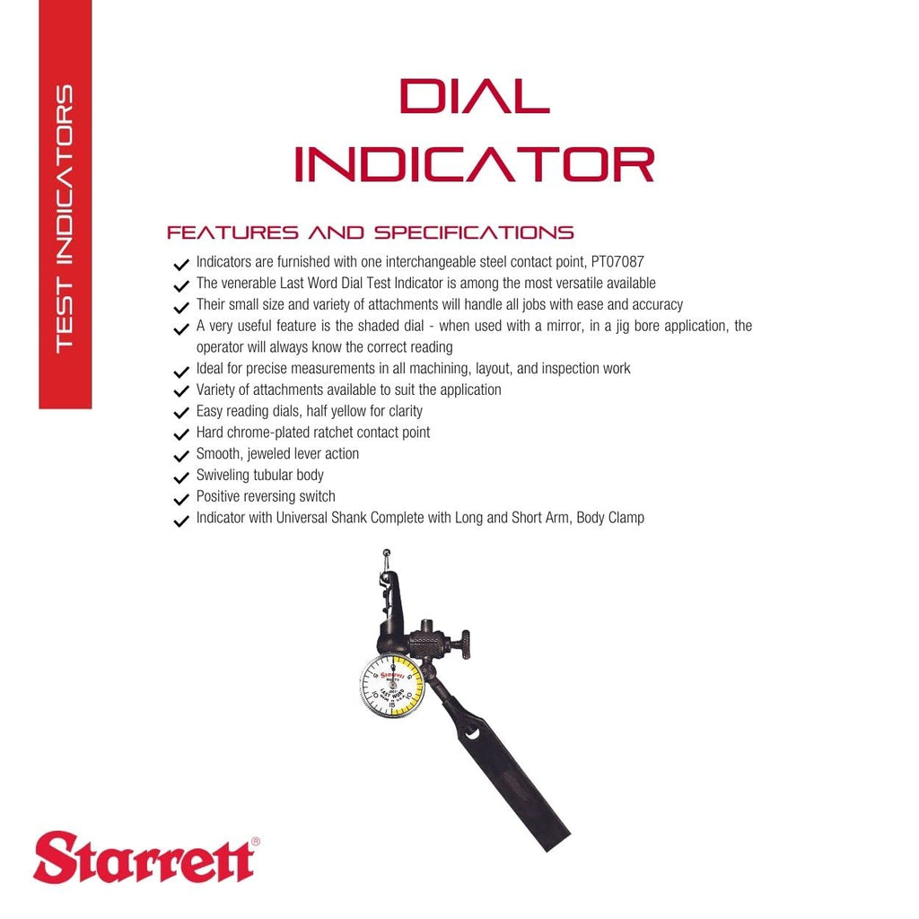 Starrett 711 Last Word Dial Test Indicator, 0.030" Range, 0.001" Graduation